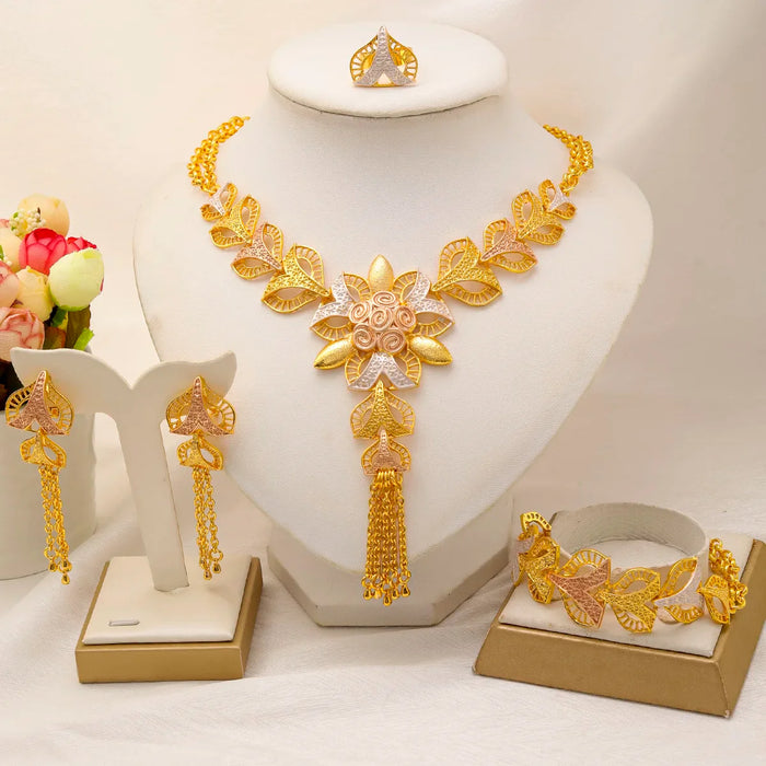 Liffly Nigerian Jewelery Sets Wedding Jewelry For Women Dubai 24K Gold Color Jewlery African Designer Earrings Bridal Necklace