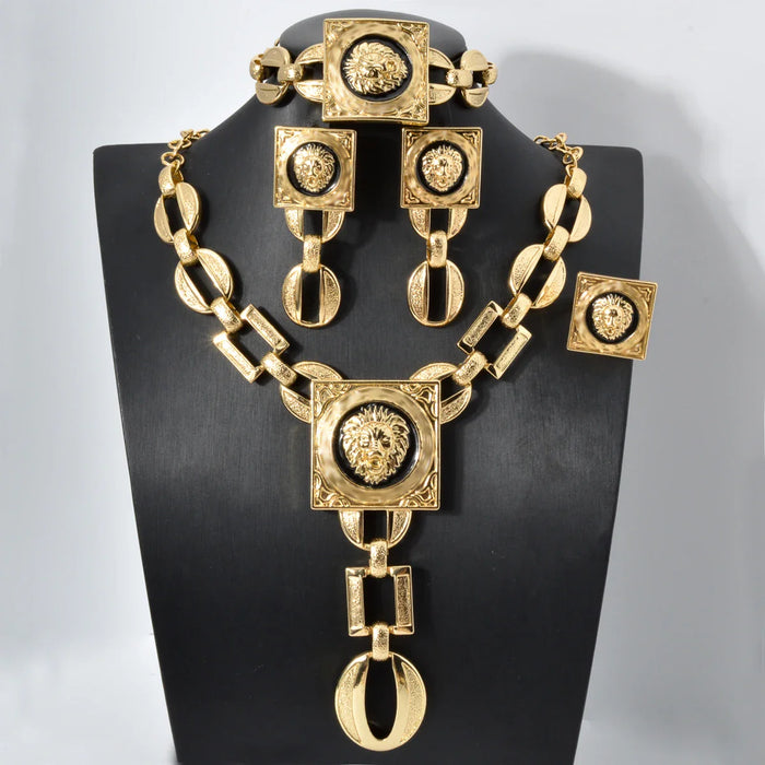 Gold Plated Jewelry Set For Women African Indian Dubai Wedding Jewellery Luxury Choker Necklace Bracelet Earring Cuff Rings