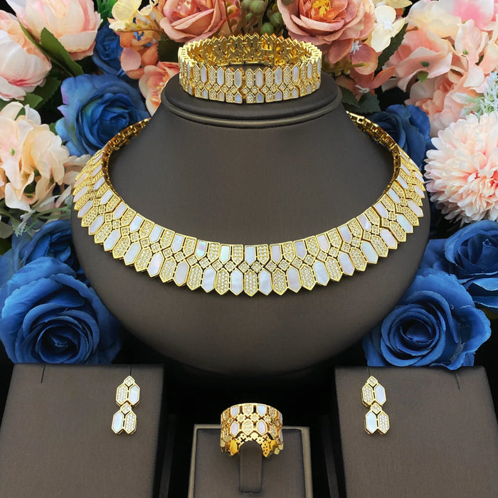 HOT Jewelry Sets For Woman Wedding Parties Jewellery Necklace Earrings Rings Bracelets For Gift Plating18k With CZ White shell