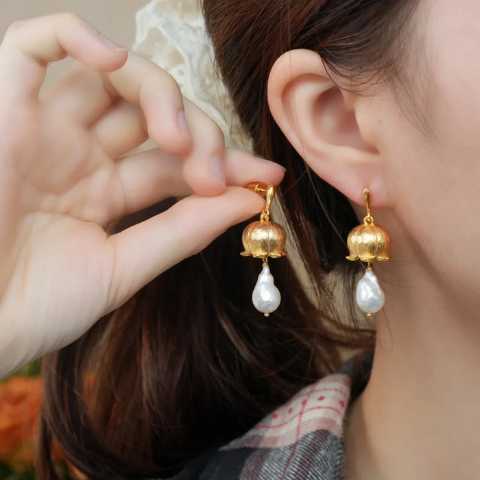 YAJUNIEL Flower Bud Earrings with Natural Baroque Pearl 24K Gold Plated Brushed Finish Drop Earrings for Women Jewelry Gift