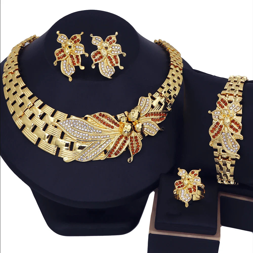 YTJX Wedding Jewelry Set Africal Big Flower Choker Necklace Fine Zircon Bracelet Piercing Earring Ring 18K Gold Plated Jewellery