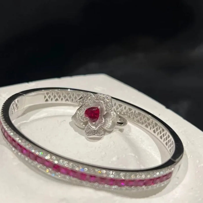 Gorgeous and luxurious palace style jewellery set light luxury retro rose flower heart-shaped ruby ring full diamond bracelet