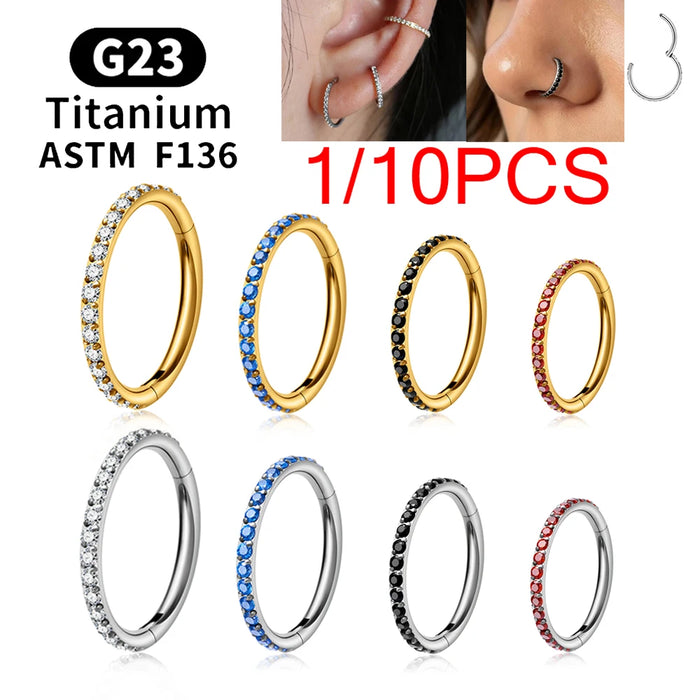 1/10PCS ASTM F136 Titanium Nose Ring 16/18G CZ Hinged Septum Clicker Hoop Tragus Daith Cartilage Helix Ear Piercing Body Jewelry