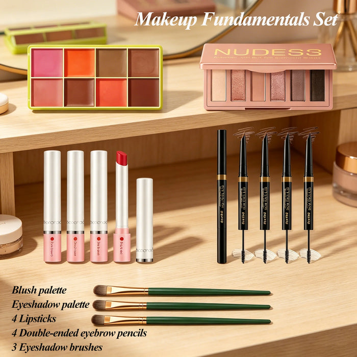 Makeup Fundamentals Set Blush Palette,Eyeshadow Palette, Lipstick, Eyebrow Pencil, Eyeshadow Brush Beauty Cosmetic for Daily Use