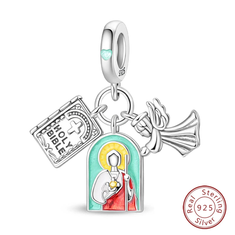 Original 925 Sterling Silver Charm Beads Classic Cross Bible Guardian Angel Charms Pendants For Bracelet DIY Birthday Jewelry