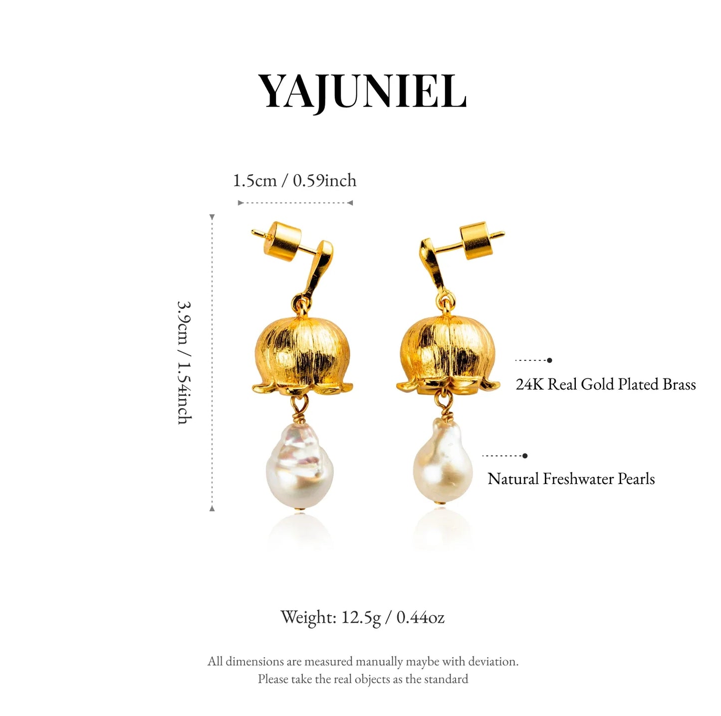 YAJUNIEL Flower Bud Earrings with Natural Baroque Pearl 24K Gold Plated Brushed Finish Drop Earrings for Women Jewelry Gift
