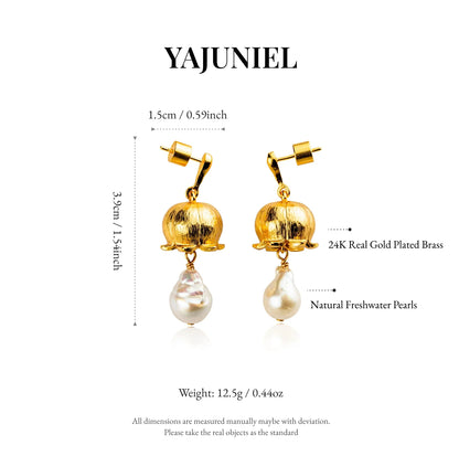 YAJUNIEL Flower Bud Earrings with Natural Baroque Pearl 24K Gold Plated Brushed Finish Drop Earrings for Women Jewelry Gift