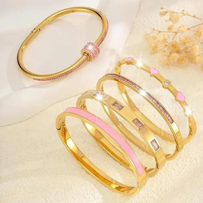 Classic Pink Zircon Inlay Cardioid Design Stainless Steel Stacked Bracelet Couple Jewelry Holiday Gift