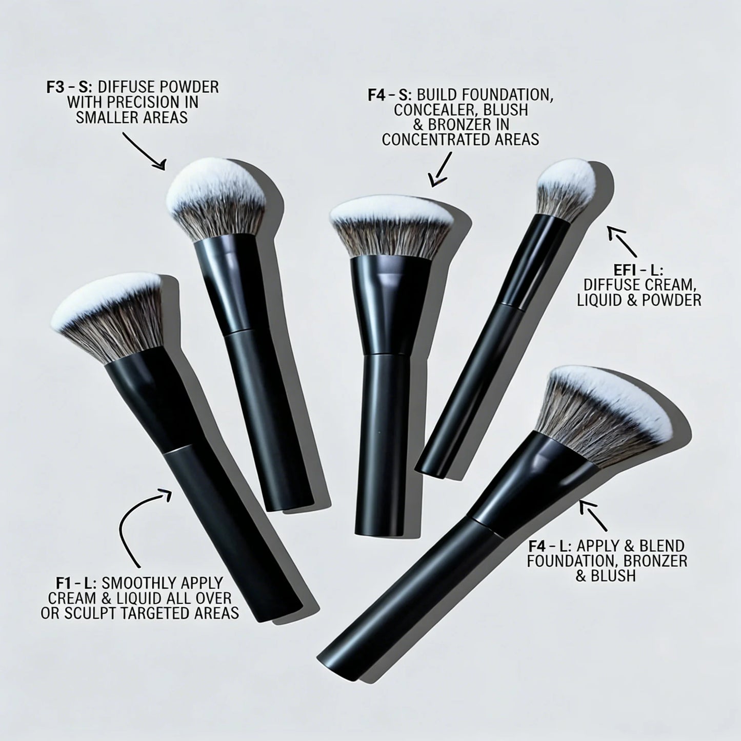 5-piece facial makeup brush set: foundation brush, powder brush, blush brush, concealer brush, contour brush, blending brush. High-end makeup brushes with oil-coated handles for a comfortable feel. Professional-grade makeup t