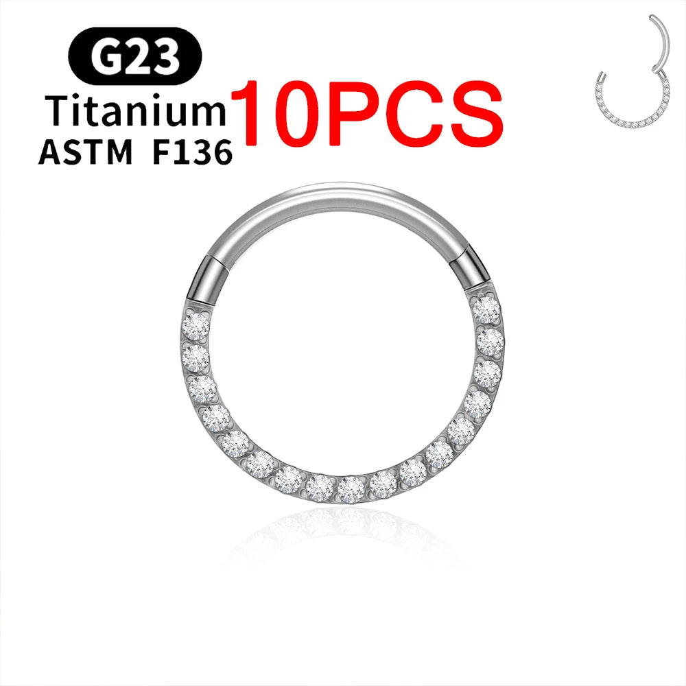 1/10PCS ASTM F136 Titanium Nose Ring 16/18G CZ Hinged Septum Clicker Hoop Tragus Daith Cartilage Helix Ear Piercing Body Jewelry