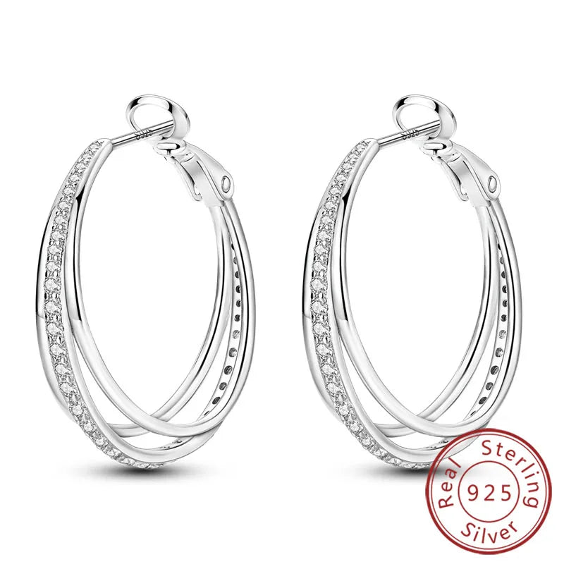 Hoop Earrings New Original 925 Sterling Silver Sweet Heart Bow Round Zircon Studs Drop Earrings For Women Girl Fine Jewelry