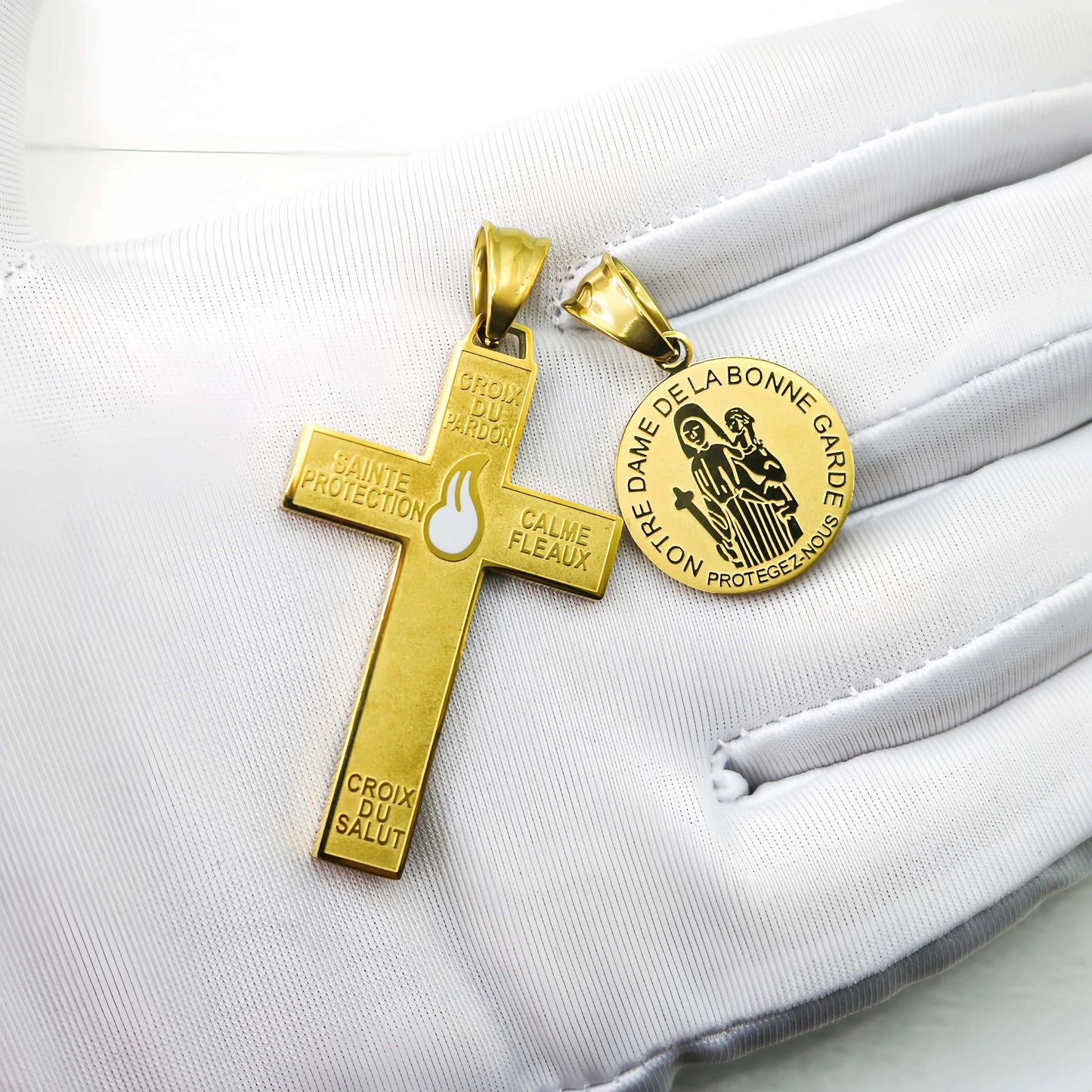 316L Stainless Steel Our Lady of Good Guard Medal Necklace With Chain Marie Julie Jahenny Cross of Forgiveness Protection Charm