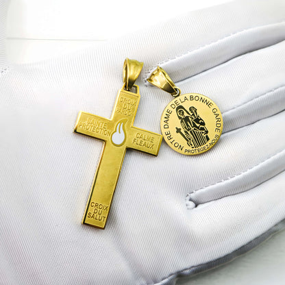 316L Stainless Steel Our Lady of Good Guard Medal Necklace With Chain Marie Julie Jahenny Cross of Forgiveness Protection Charm