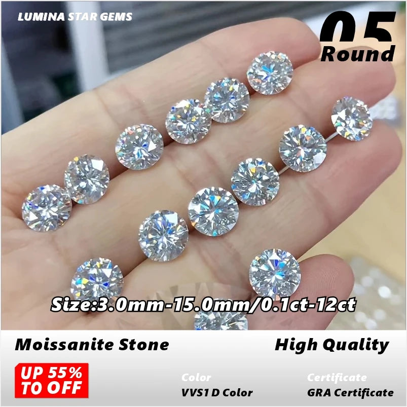 Moissanite Stone VVS1 D Color Round Cut 0.10ct-12.0ct Essential for Jewelry DIY Wholesale Loose Stones Pass Tester with Report