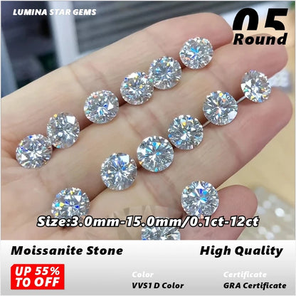 Moissanite Stone VVS1 D Color Round Cut 0.10ct-12.0ct Essential for Jewelry DIY Wholesale Loose Stones Pass Tester with Report