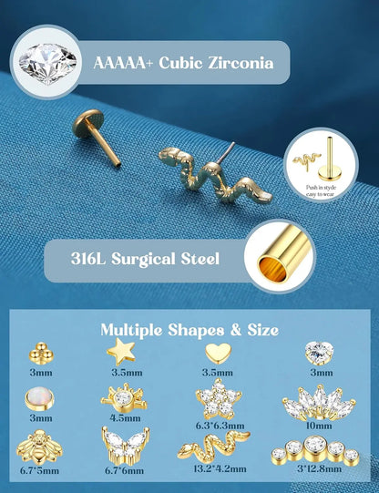 Bobisty 20G Flat Back Studs Earrings for Women Men 14K Gold Plated Push-in Cartilage Helix Tragus Nose Piercing Jewelry