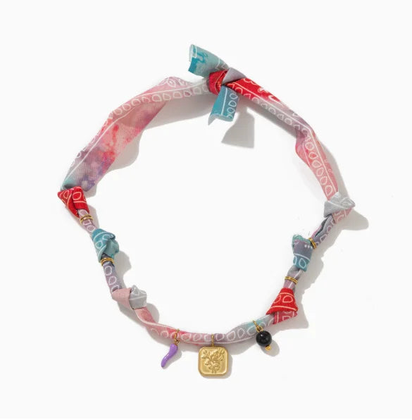 Colorful Rope Heart Pearl Flower Necklace Women's Sweet Fabric Charm Necklace Fashion Stainless Steel Pendant Necklace Accessory