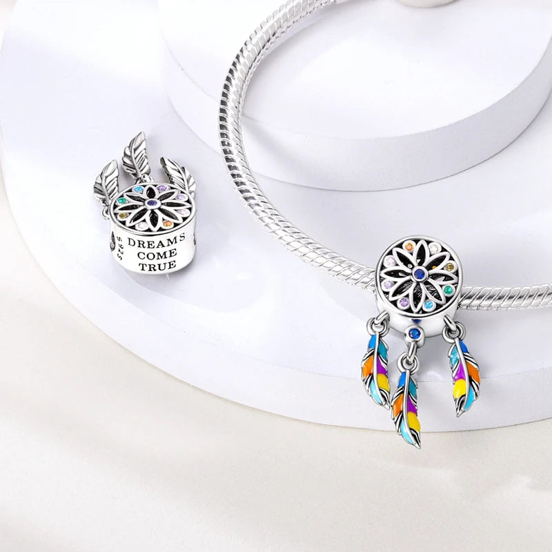 Original 925 Sterling Silver Charms Beads Pendants Colorful Dreamcatcher Lucky Charms Fit Bracelets Necklaces Women DIY Jewelry