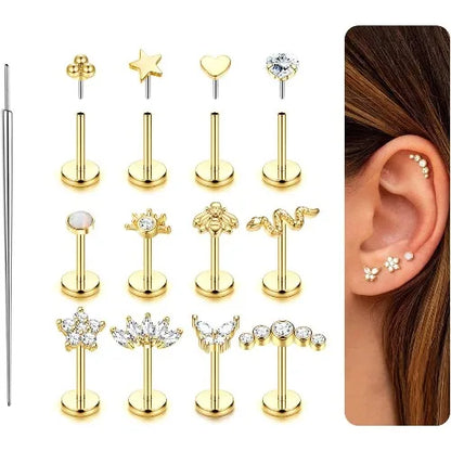 Bobisty 20G Flat Back Studs Earrings for Women Men 14K Gold Plated Push-in Cartilage Helix Tragus Nose Piercing Jewelry