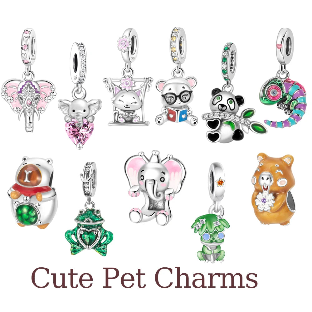 2025 New Silver Plated Elephant, Wombat, Kitten, Bear Dangle Charm Fit Pan Bracelet Bead DIY Women Cute Pet Serise Jewelry Gift