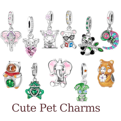 2025 New Silver Plated Elephant, Wombat, Kitten, Bear Dangle Charm Fit Pan Bracelet Bead DIY Women Cute Pet Serise Jewelry Gift