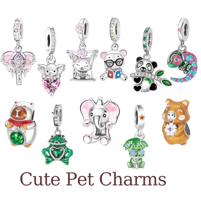 2025 New Silver Plated Elephant, Wombat, Kitten, Bear Dangle Charm Fit Pan Bracelet Bead DIY Women Cute Pet Serise Jewelry Gift