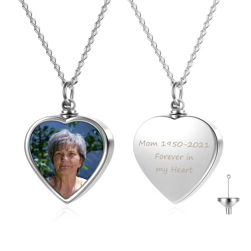 Personalized Photo Heart Urn Necklace for Ashes Cremation Urns Custom Picture Engraved Necklace Keepsake Text Memorial Jewelry