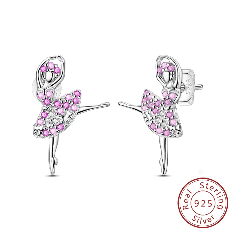 Hoop Earrings New Original 925 Sterling Silver Sweet Heart Bow Round Zircon Studs Drop Earrings For Women Girl Fine Jewelry