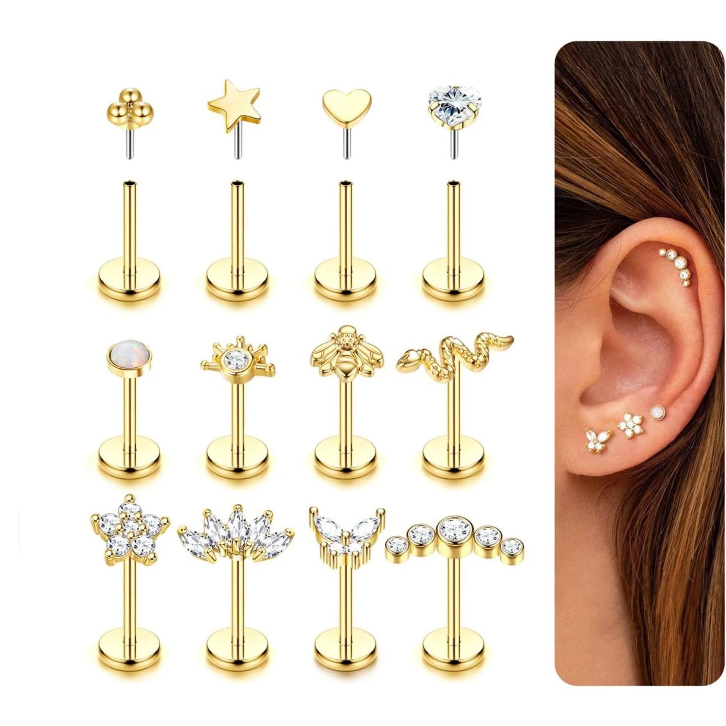 Bobisty 20G Flat Back Studs Earrings for Women Men 14K Gold Plated Push-in Cartilage Helix Tragus Nose Piercing Jewelry