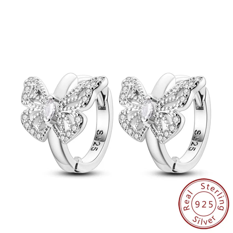 Hoop Earrings New Original 925 Sterling Silver Sweet Heart Bow Round Zircon Studs Drop Earrings For Women Girl Fine Jewelry
