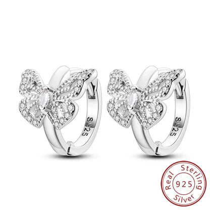 Hoop Earrings New Original 925 Sterling Silver Sweet Heart Bow Round Zircon Studs Drop Earrings For Women Girl Fine Jewelry