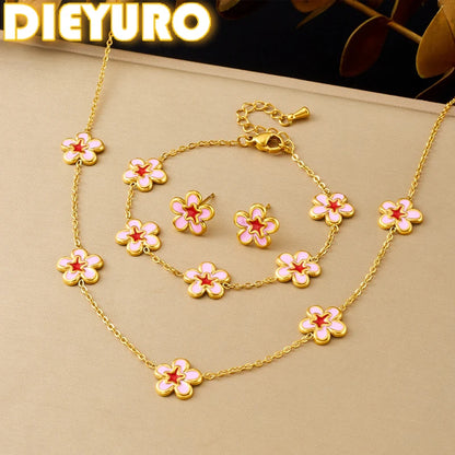 DIEYURO 316L Stainless Steel Pink Dripping Oil Peach Blossom Flowers Necklace Earrings Bracelet Set Lady New Luxury Jewelry Gift