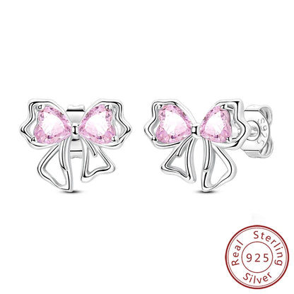 Hoop Earrings New Original 925 Sterling Silver Sweet Heart Bow Round Zircon Studs Drop Earrings For Women Girl Fine Jewelry