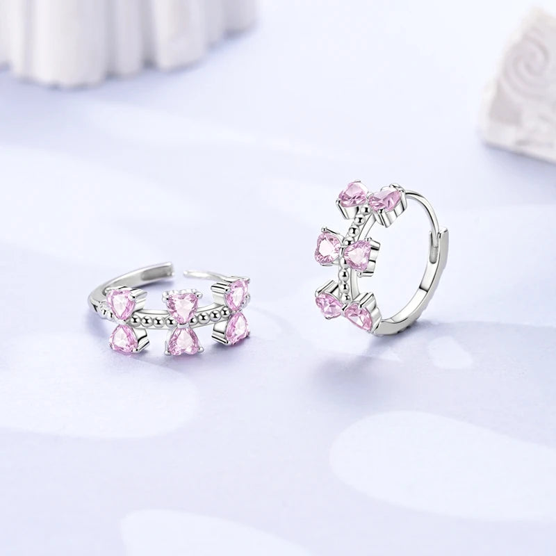Hoop Earrings New Original 925 Sterling Silver Sweet Heart Bow Round Zircon Studs Drop Earrings For Women Girl Fine Jewelry