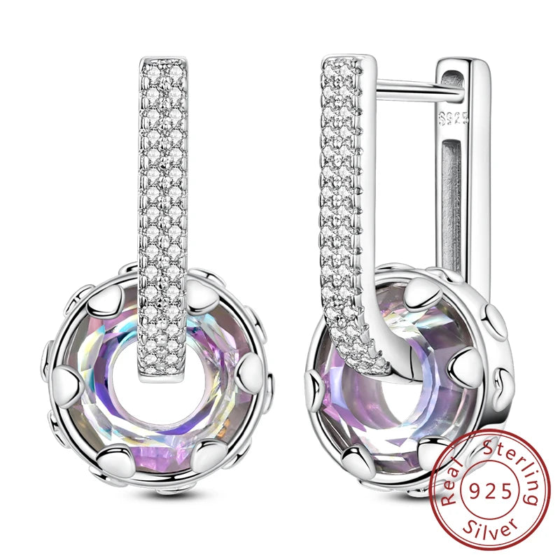 Hoop Earrings New Original 925 Sterling Silver Sweet Heart Bow Round Zircon Studs Drop Earrings For Women Girl Fine Jewelry