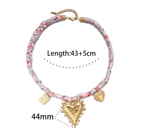 Colorful Rope Heart Pearl Flower Necklace Women's Sweet Fabric Charm Necklace Fashion Stainless Steel Pendant Necklace Accessory