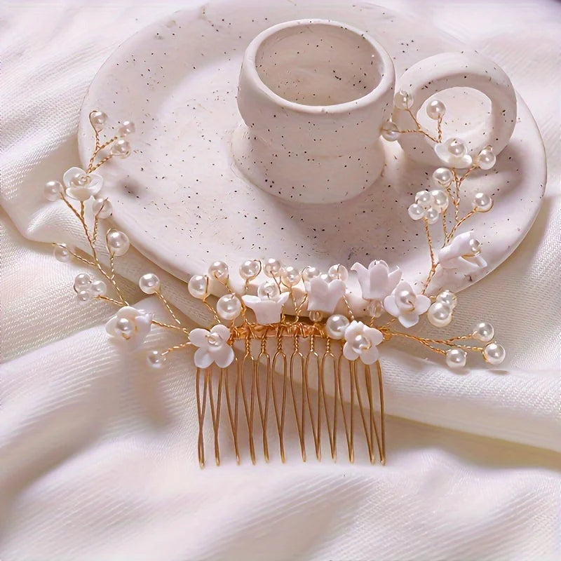 Golden Crystal Pearl Hair Comb Headband Hairband For Women Party Bridal Wedding Hair Accessories Jewelry Comb Headband Hairband