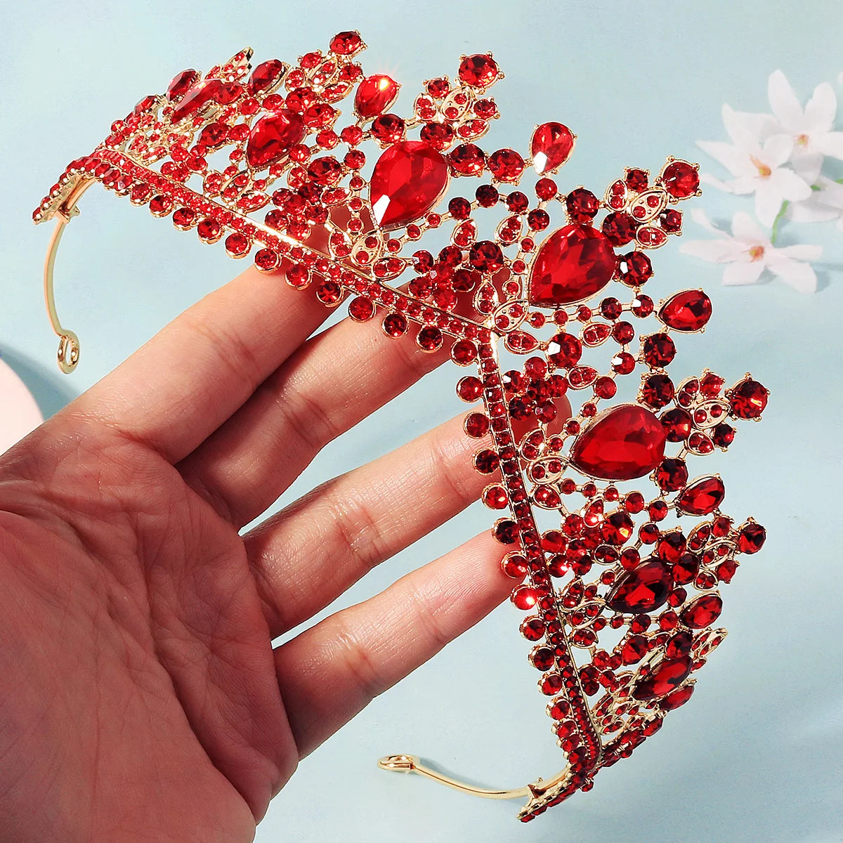 Luxury Red Rhinestone Bridal Tiara Headband Baroque Crystal Grand Crown For Women Banquet Jewelry Hair Accessories
