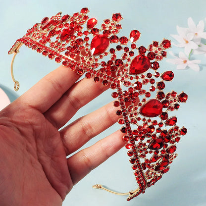 Luxury Red Rhinestone Bridal Tiara Headband Baroque Crystal Grand Crown For Women Banquet Jewelry Hair Accessories