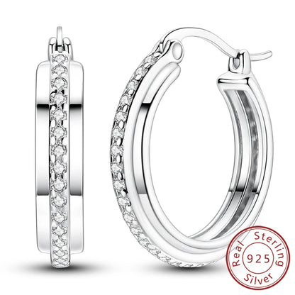 Hoop Earrings New Original 925 Sterling Silver Sweet Heart Bow Round Zircon Studs Drop Earrings For Women Girl Fine Jewelry