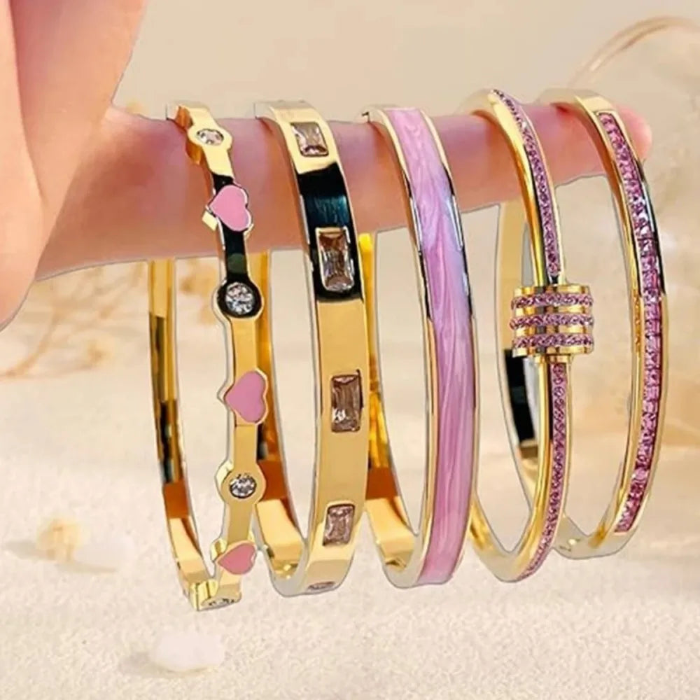 Classic Pink Zircon Inlay Cardioid Design Stainless Steel Stacked Bracelet Couple Jewelry Holiday Gift