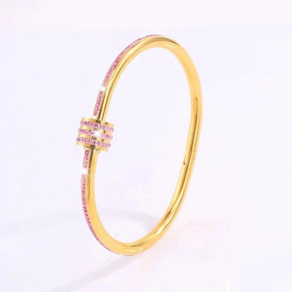 Classic Pink Zircon Inlay Cardioid Design Stainless Steel Stacked Bracelet Couple Jewelry Holiday Gift