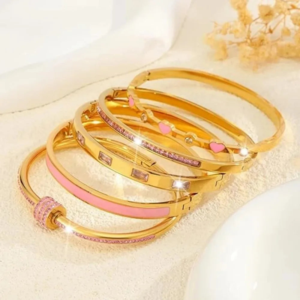 Classic Pink Zircon Inlay Cardioid Design Stainless Steel Stacked Bracelet Couple Jewelry Holiday Gift