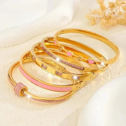 Classic Pink Zircon Inlay Cardioid Design Stainless Steel Stacked Bracelet Couple Jewelry Holiday Gift