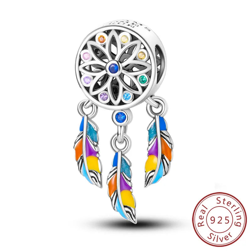 Original 925 Sterling Silver Charms Beads Pendants Colorful Dreamcatcher Lucky Charms Fit Bracelets Necklaces Women DIY Jewelry
