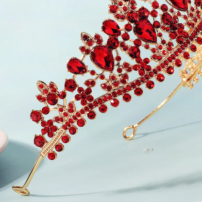 Luxury Red Rhinestone Bridal Tiara Headband Baroque Crystal Grand Crown For Women Banquet Jewelry Hair Accessories
