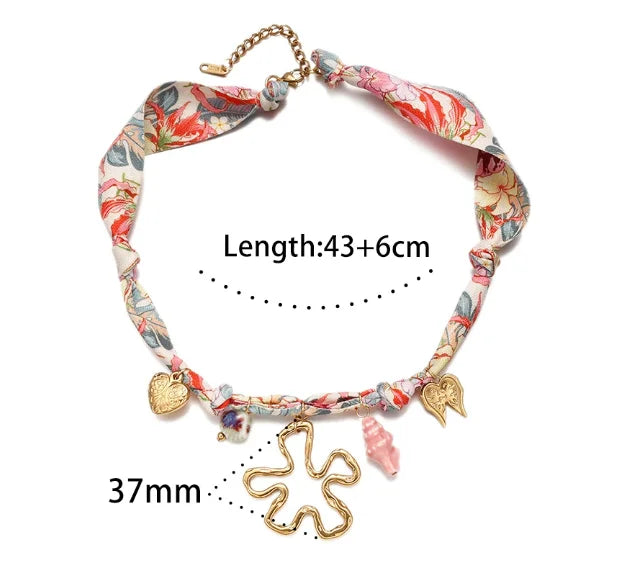Colorful Rope Heart Pearl Flower Necklace Women's Sweet Fabric Charm Necklace Fashion Stainless Steel Pendant Necklace Accessory