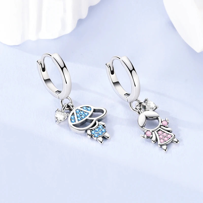 Hoop Earrings New Original 925 Sterling Silver Sweet Heart Bow Round Zircon Studs Drop Earrings For Women Girl Fine Jewelry