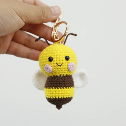 Cute Bee Crochet Keychain For Gifts Handmking Cartoon Bee Doll Knitting Keyrings Knitted Bee Doll Custom Accessories Wholesale