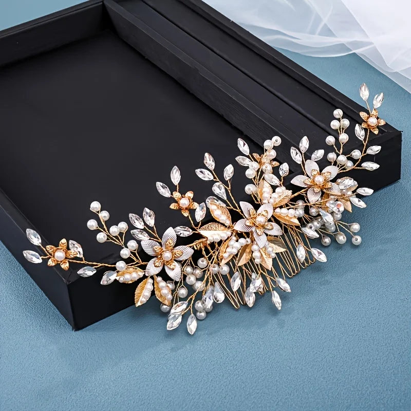 Golden Crystal Pearl Hair Comb Headband Hairband For Women Party Bridal Wedding Hair Accessories Jewelry Comb Headband Hairband